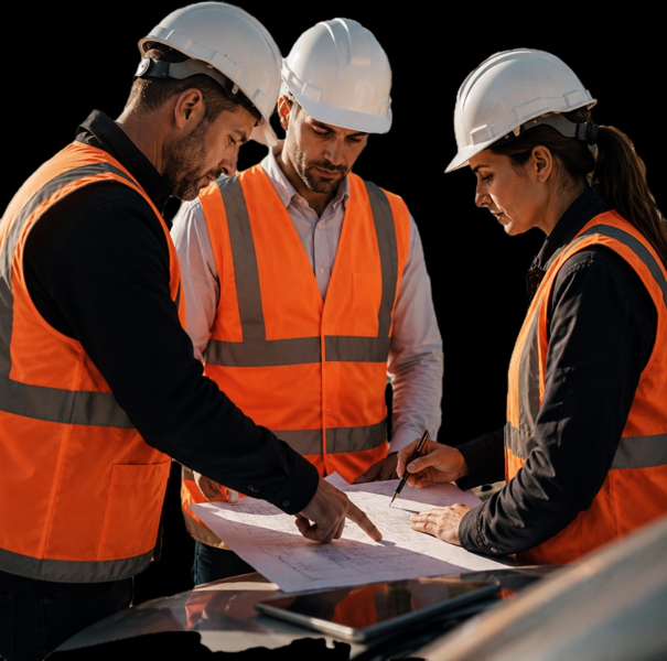 Réunion de chantier autour de plans