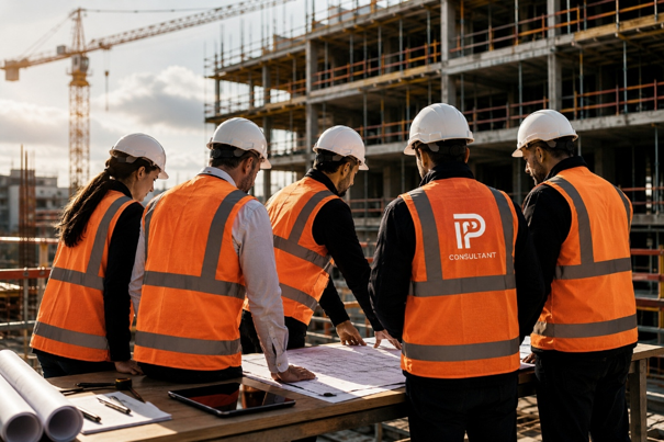 Équipe chantier autour de plans de construction